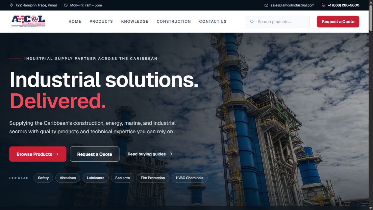 Actual AMCOL Industrial website, showing product browsing and quotation links