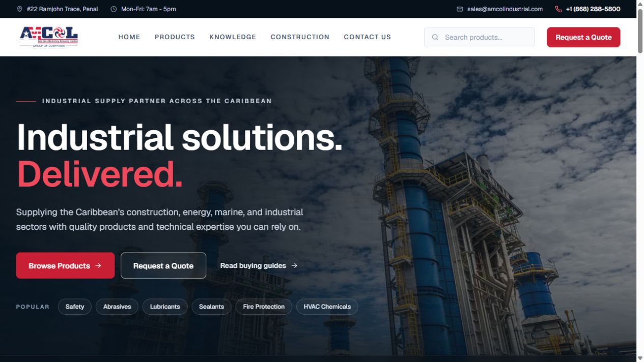 Actual mobile homepage screenshot of AMCOL Industrial